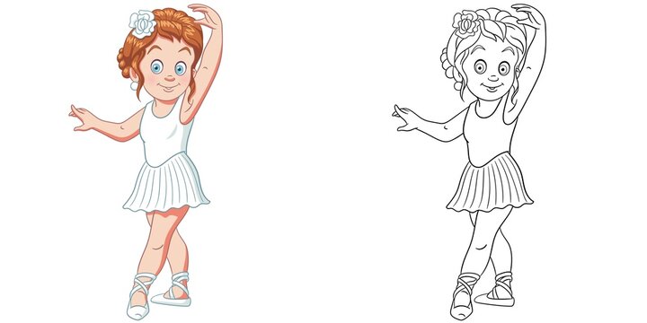Coloring page with ballerina girl. Line art drawing for kids activity coloring book. Colorful clip art. Vector illustration.