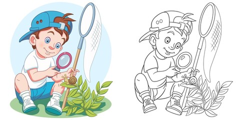 Coloring page with boy studying nature. Line art drawing for kids activity coloring book. Colorful clip art. Vector illustration.