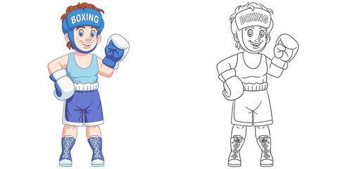 Coloring page with boxer boy. Line art drawing for kids activity coloring book. Colorful clip art. Vector illustration.