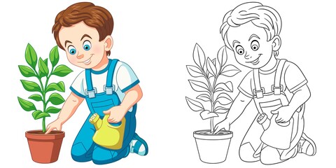 Coloring page with boy taking care of plant. Line art drawing for kids activity coloring book. Colorful clip art. Vector illustration.