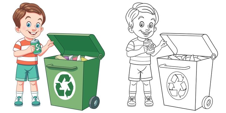 Coloring Page With Boy Sorting Garbage. Line Art Drawing For Kids Activity Coloring Book. Colorful Clip Art. Vector Illustration.