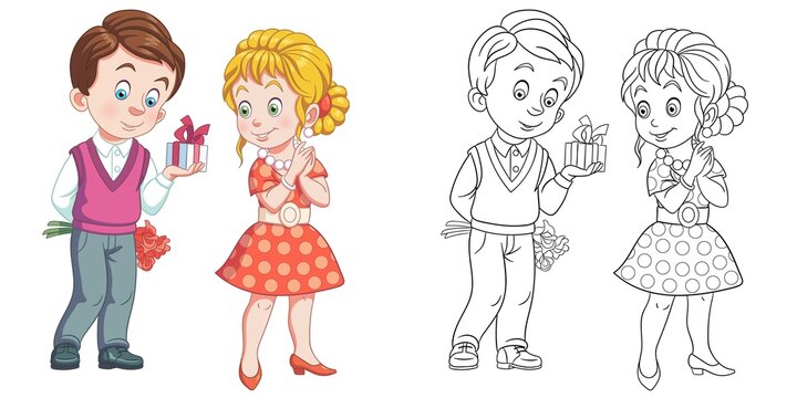 Coloring page with boy and girl on Valentine's Day. Line art drawing for kids activity coloring book. Colorful clip art. Vector illustration.