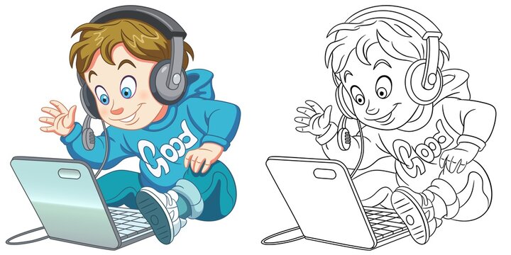 Coloring page with boy with laptop. Line art drawing for kids activity coloring book. Colorful clip art. Vector illustration.