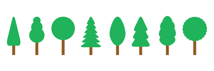 Trees green icon set. Tree in flat style vector illustration. Forest plant silhouette. Isolated on white.