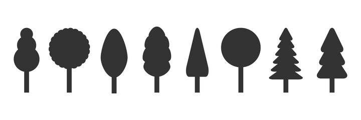 Trees black icon set. Tree in flat style vector illustration. Forest plant silhouette. Isolated on white.