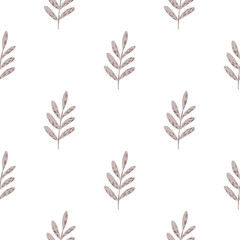 Isolated minimalistic botanic seamless pattern with liht purple foliage branches. Simple leaves silhouettes.