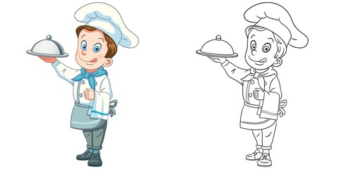 Coloring page with chief cook. Line art drawing for kids activity coloring book. Colorful clip art. Vector illustration.