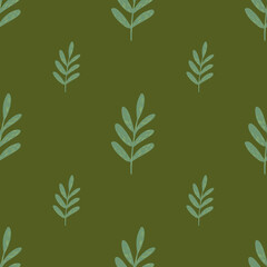 Minimalistic seamless floral pattern with light blue leaves branches ornament. Green background.