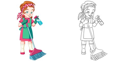 Obraz na płótnie Canvas Coloring page with girl cleaning house. Line art drawing for kids activity coloring book. Colorful clip art. Vector illustration.