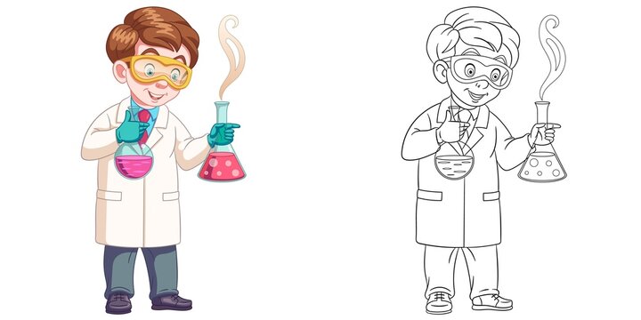 Coloring page with chemical scientist. Line art drawing for kids activity coloring book. Colorful clip art. Vector illustration.