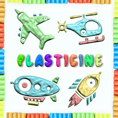 Icon set air transport from plasticine. Bright plasticine drawing. Plasticine isolated on white background.