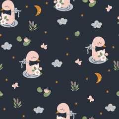 Seamless pattern with pink swans