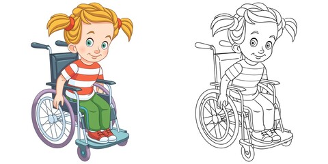 Coloring page with disabled girl on wheelchair. Line art drawing for kids activity coloring book. Colorful clip art. Vector illustration.