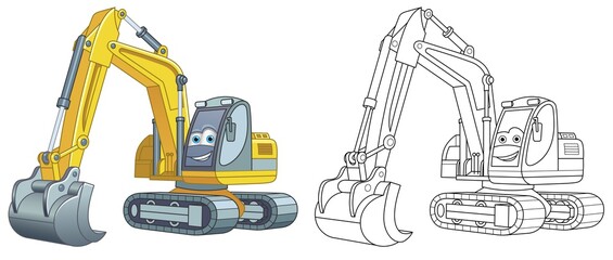 Coloring page with excavator. Line art drawing for kids activity coloring book. Colorful clip art. Vector illustration.