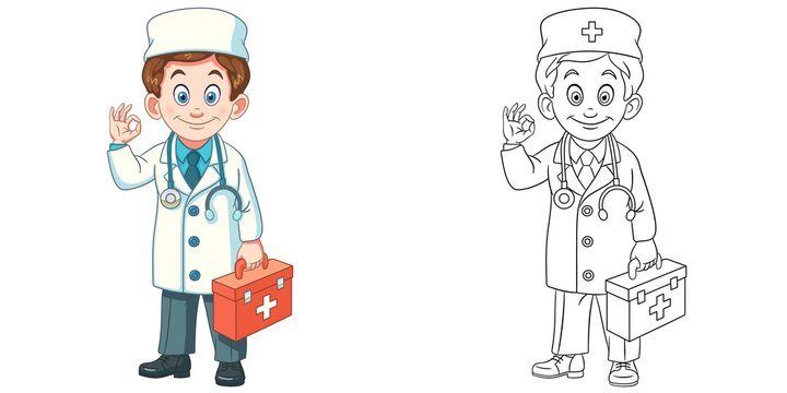 Coloring page with doctor. Line art drawing for kids activity coloring book. Colorful clip art. Vector illustration.