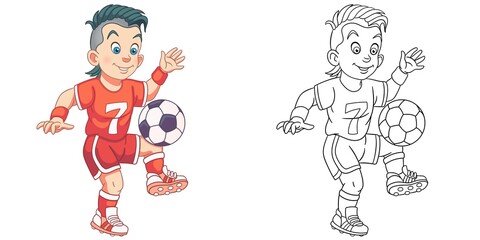 Coloring page with boy playing football. Line art drawing for kids activity coloring book. Colorful clip art. Vector illustration.