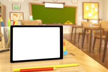 Blank digital tablet pc with books, pencils and red apple on table in empty school classroom. 3D rendering illustration. Back to school background for technology and education template.
