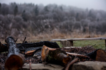 Fireplace in winter scenery in the mountains.