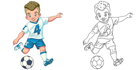 Coloring page with boy playing football. Line art drawing for kids activity coloring book. Colorful clip art. Vector illustration.