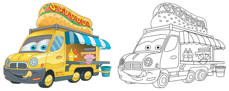 Coloring page with food truck. Line art drawing for kids activity coloring book. Colorful clip art. Vector illustration.