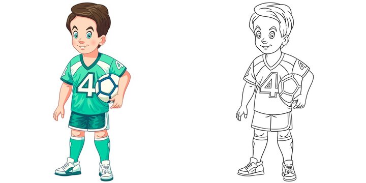 Coloring page with boy playing football. Line art drawing for kids activity coloring book. Colorful clip art. Vector illustration.