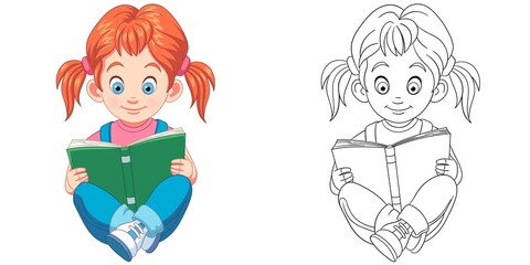 Coloring page with girl reading. Line art drawing for kids activity coloring book. Colorful clip art. Vector illustration.