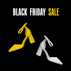 Black Friday concept. Fashionable multicolored shoes on a black background with the text Black Friday Sale. Advertising banner for social networks