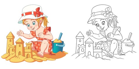 Fototapeta premium Coloring page with girl making sand castle. Line art drawing for kids activity coloring book. Colorful clip art. Vector illustration.