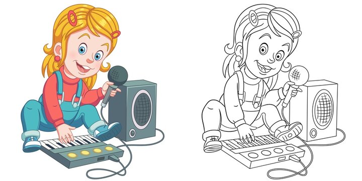 Coloring page with girl playing music. Line art drawing for kids activity coloring book. Colorful clip art. Vector illustration.
