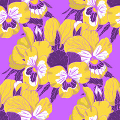 Colorful floral seamless pattern with hand drawn pansy flowers on violet background. Stock vector