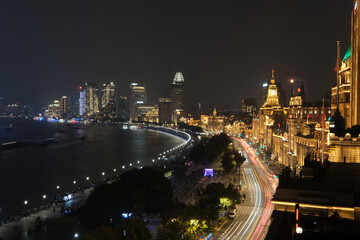 high angle view of the Bund in Shanghai China at night. Wide angle