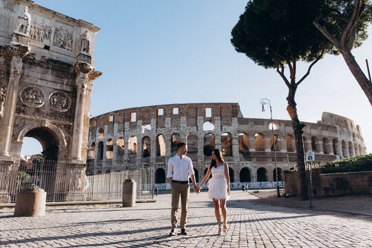 The love story of a guy and a girl on the city streets. Young people travel to Europe. Summer walk around the city.