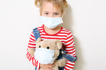 Child wearing face mask.Caucasian kid portrait coronavirus protection concept.