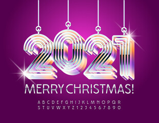 Vector glamour greeting card Merry Christmas with glowing maze toys 2021. Elegant Silver Font. Metallic Alphabet Letters and Numbers set