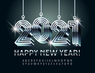 Vector creative greeting card Happy New Year with maze toys 2021! Glossy Silver Font. Luxury Metallic Alphabet Letters and Numbers set
