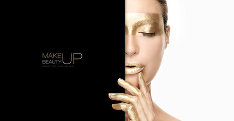 Gold beauty makeup and nail art concept