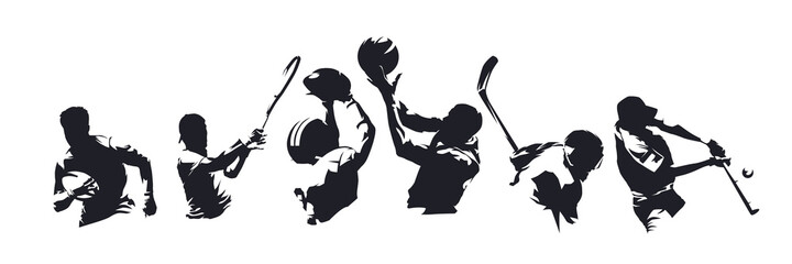 Sports, set of athletes of various sports disciplines. Isolated vector silhouettes. Hockey, football, basketball, rugby, baseball, tennis. Group of people © michalsanca