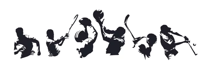 Zelfklevend Fotobehang Sports, set of athletes of various sports disciplines. Isolated vector silhouettes. Hockey, football, basketball, rugby, baseball, tennis. Group of people © michalsanca
