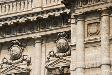Travertine ornaments and bas-reliefs at the Palace of Justice in Rome located in Piazza Cavour, in the Prati district.