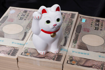 当選金の札束と招き猫の置き物