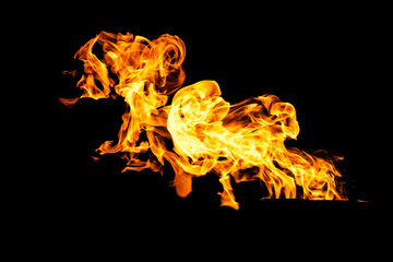 Fire flames on black background isolated. Burning gas or gasoline burns with fire and flames....