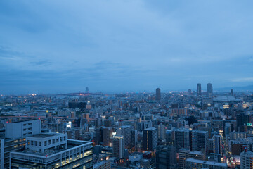 Twilight skyline of Osaka city, cityscape after the sunset