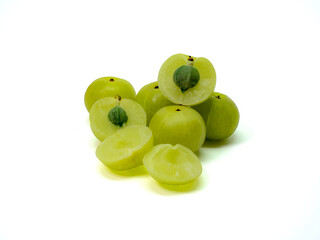 Indian gooseberry ,Phyllanthus emblica , amla green fruits isolated on white background with clipping path.