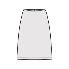 Skirt sheath technical fashion illustration with straight knee silhouette, pencil fullness. Flat bottom template front, grey color style. Women, men, unisex CAD mockup
