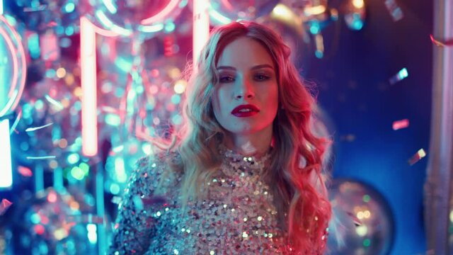 Fancy woman making hand gestures in club. Blonde girl sending kiss at party