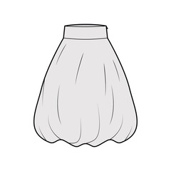 Skirt balloon technical fashion illustration with below-the-knee length silhouette, wide stretch waistband. Flat bottom template front, grey color style. Women men unisex CAD mockup