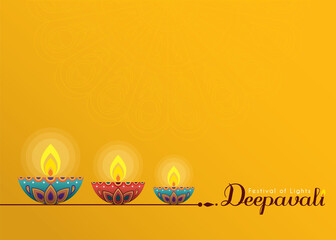 Deepavali or Diwali template or copy space. Beautiful burning diwali diya (india oil lamp) isolated on yellow background. Festival of Lights celebration vector illustration.