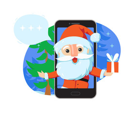 Santa's holiday greetings online. The concept of Christmas remotely. Santa Claus gives a gift from a smartphone. Vector illustration on white background.