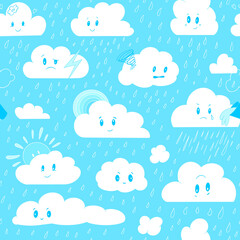 Cute clouds in the blue sky. Seamless vector pattern.