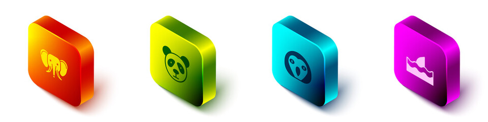 Set Isometric Elephant, Cute panda face, Owl bird and Shark fin in ocean wave icon. Vector. © Vadim